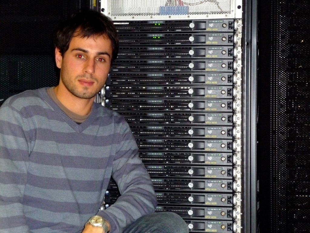 Marc with email servers at datacenter in 2008 in Paris