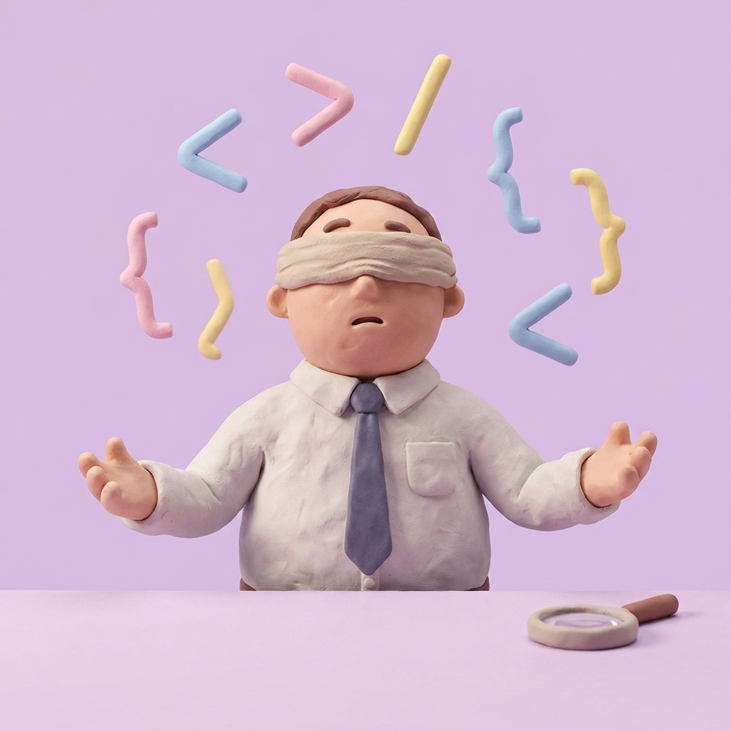 Personagem com os olhos vendados cercada de código representando falta de visibilidade sobre falhas